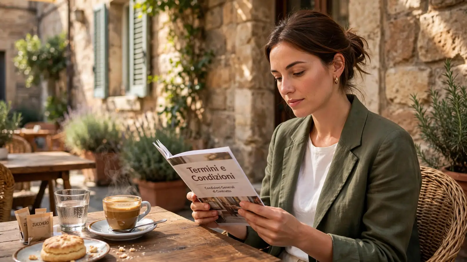 Giovane legge i termini in un caffè italiano.