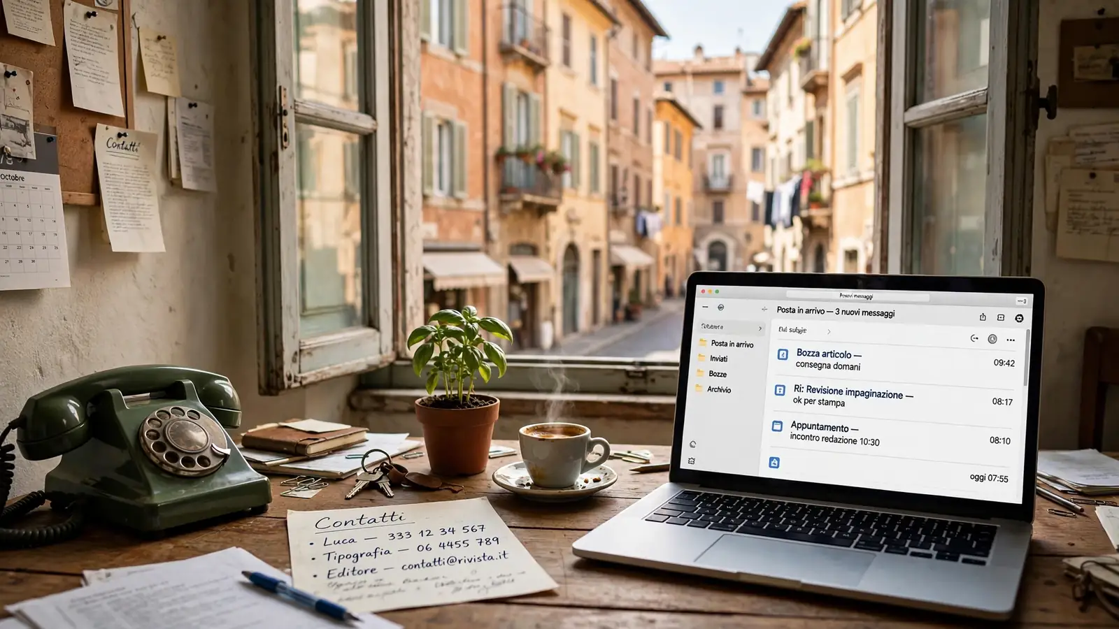 Ufficio editoriale italiano con laptop, tazza di espresso e telefono