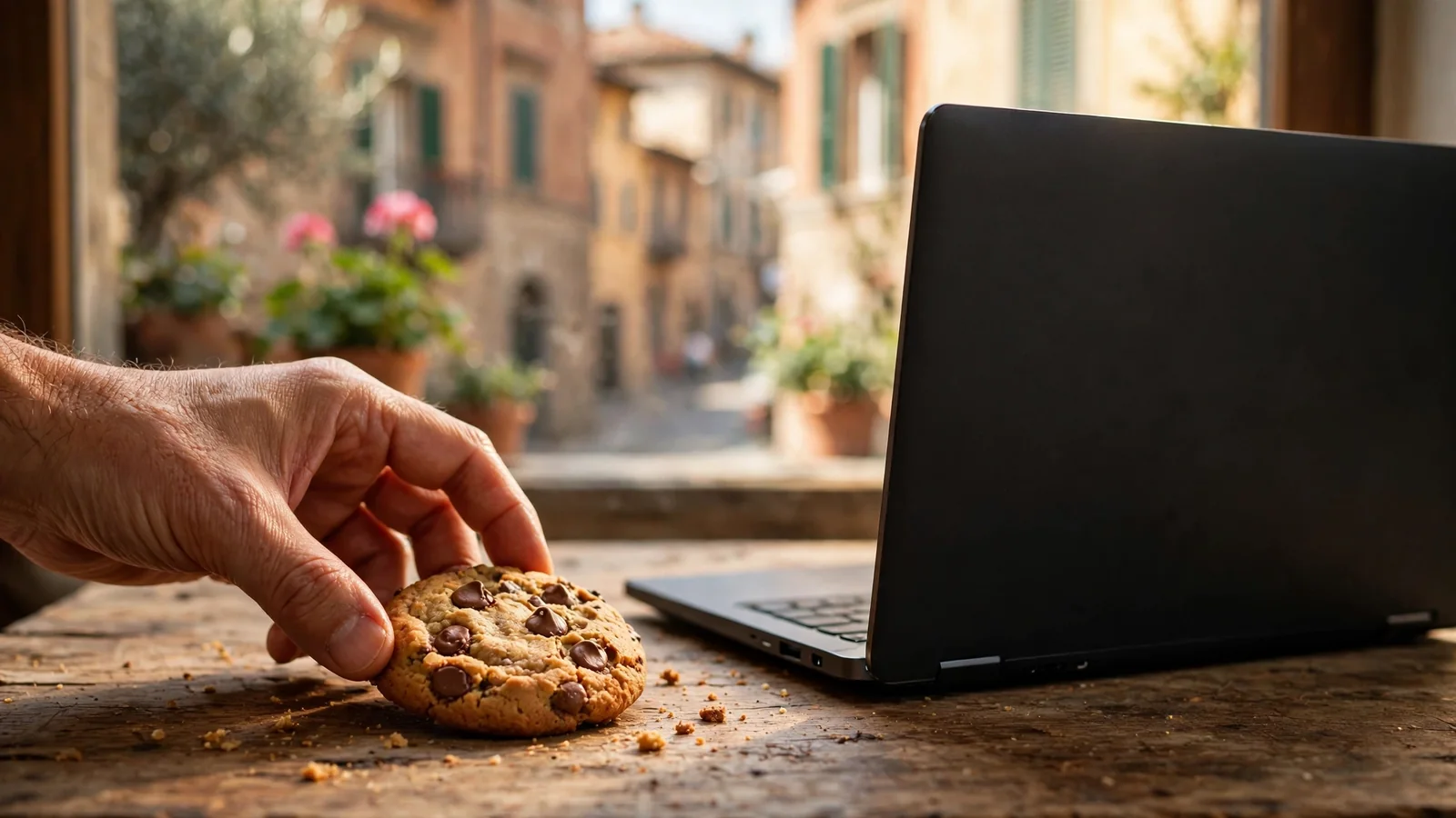 Mano che posa un biscotto accanto a un laptop su tavolo di legno
