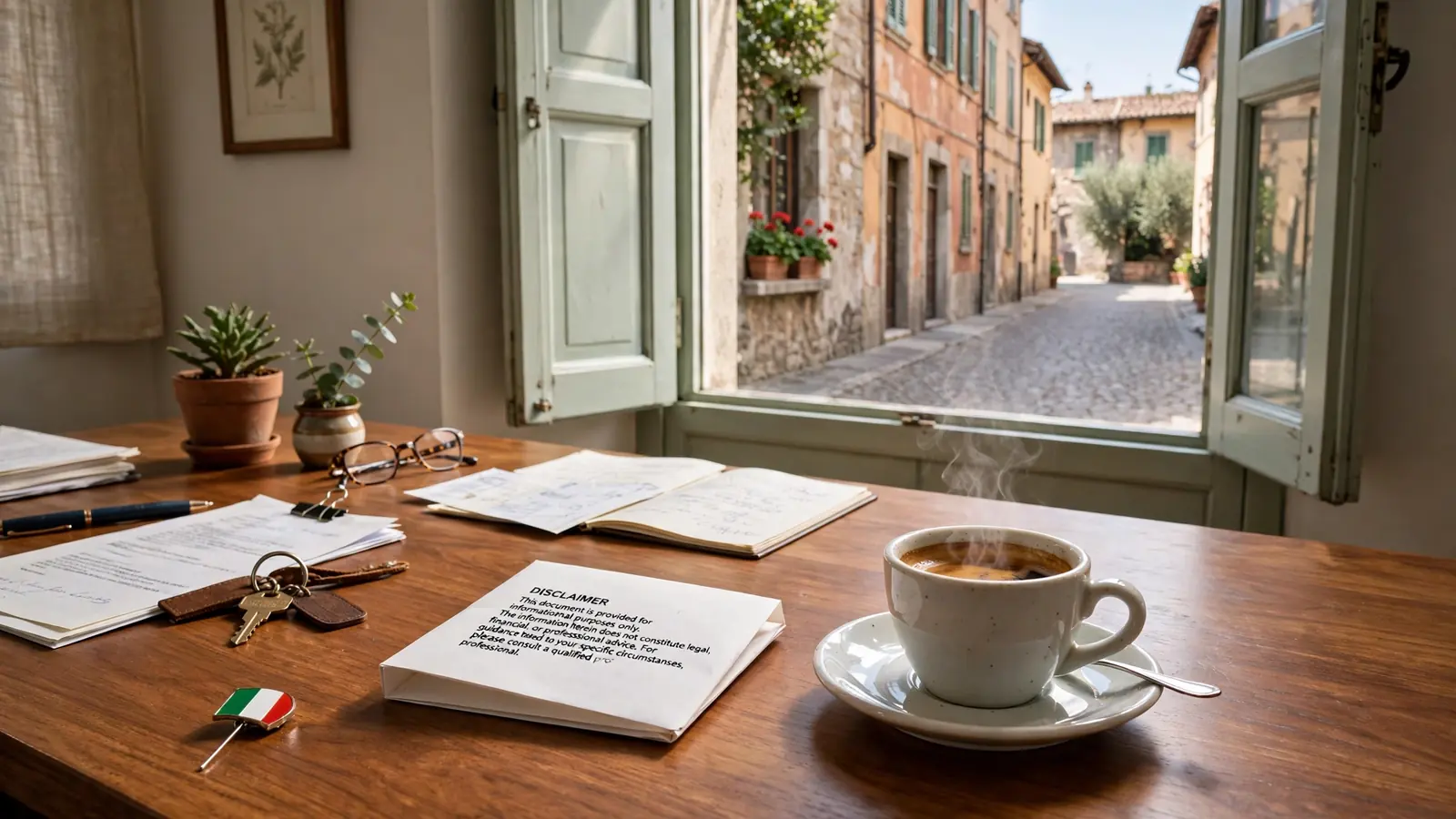 Copertina: scrivania italiana con caffè e documento di disclaimer