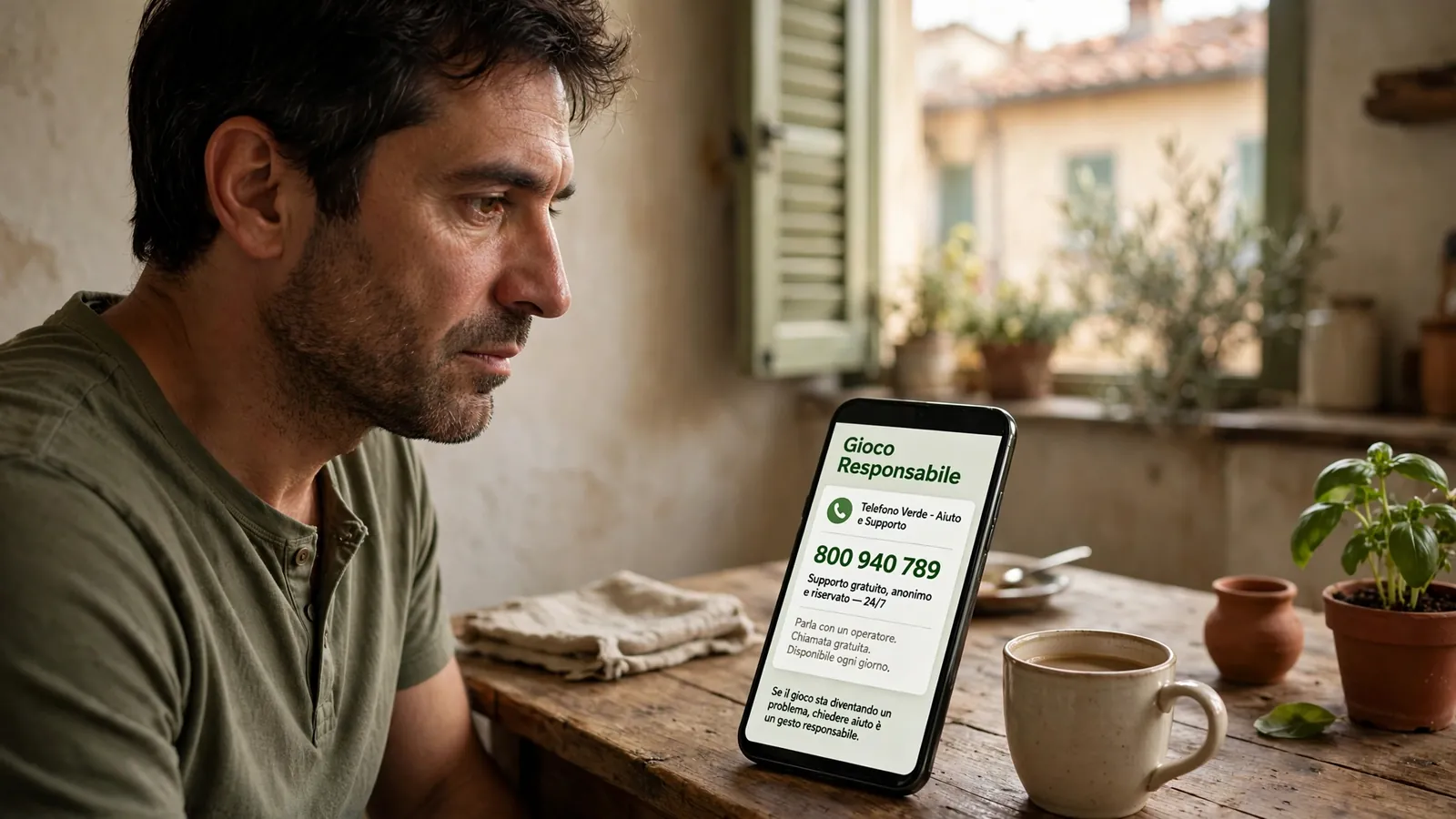 Uomo italiano pensieroso al tavolo con telefono di gioco responsabile