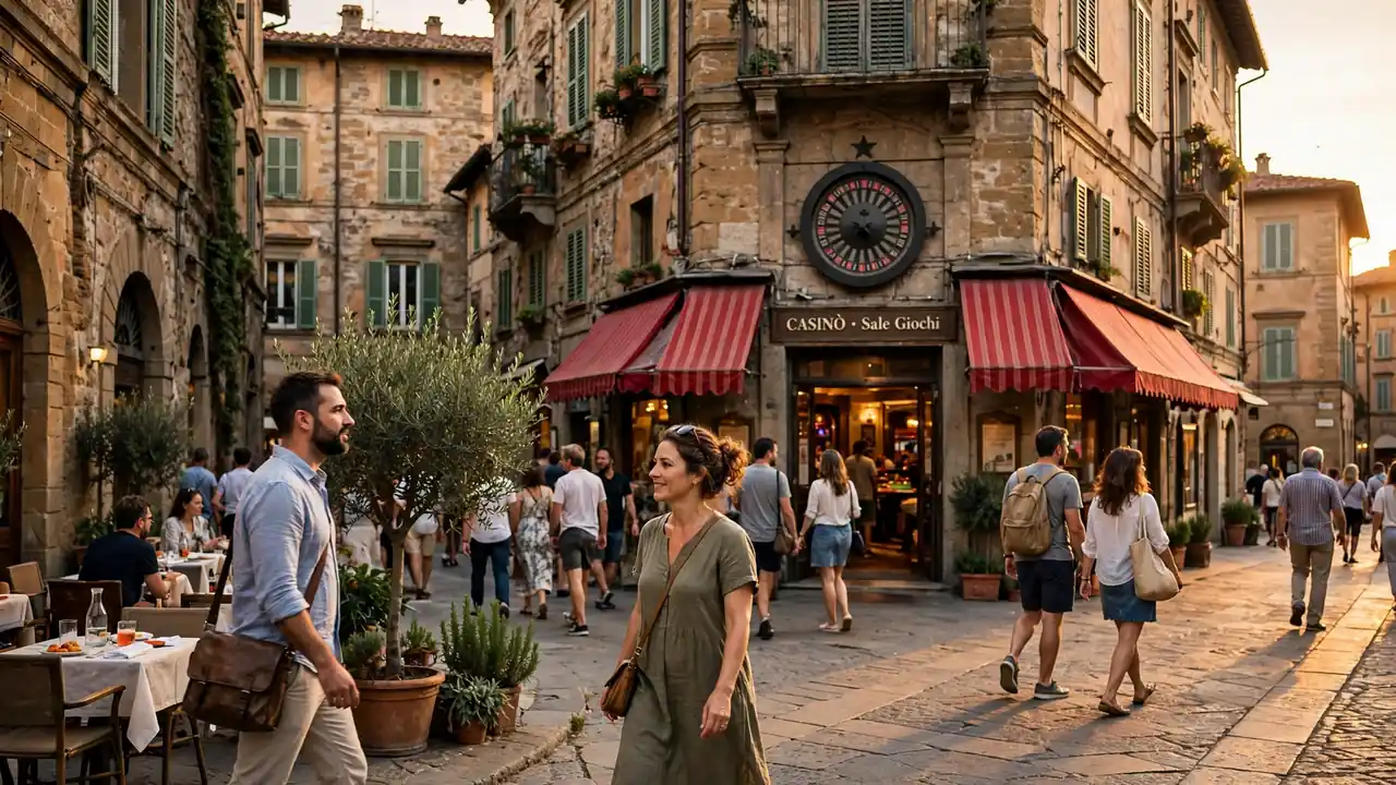 Piazza italiana con casinò al tramonto e ruota