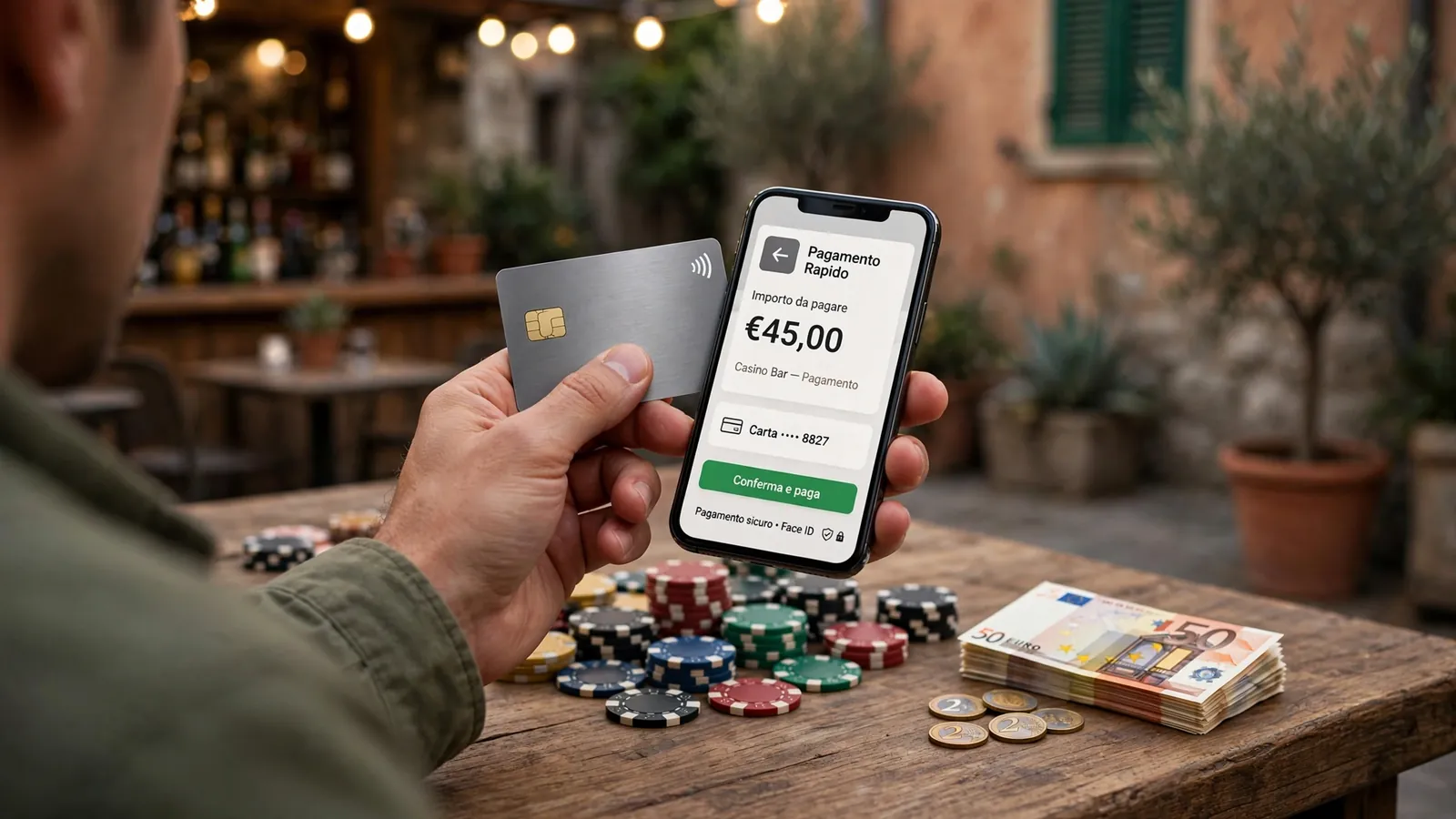 Mano mostra carta di credito e chip da casinò