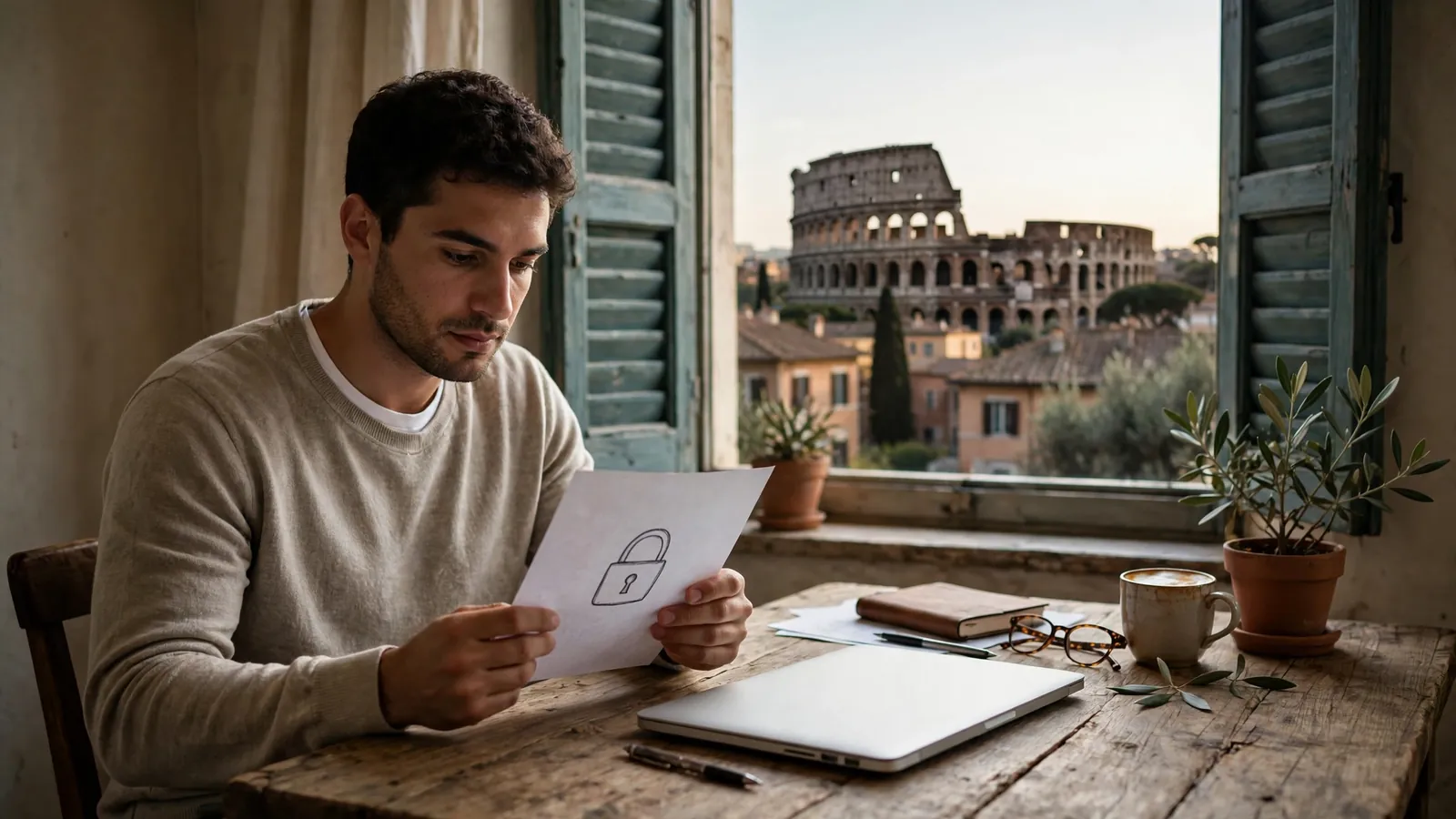 Professionista italiano davanti al Colosseo con laptop e lucchetto.